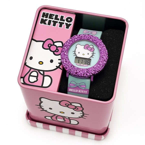 HELLO KITTY Sanrio Digital LCD Watch Fuchsia Pink Mint Bows Stars Gift Boxed NWT - Picture 1 of 6